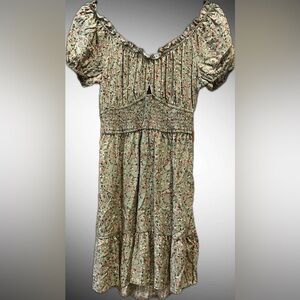ASU Wish Sage Green Floral Puff Sleeve Dress Smocked Waist Tie Back, size M or L